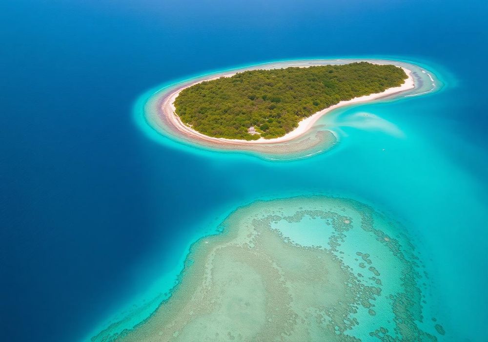 Aerial view of coral reefs and turquoise Andaman waters