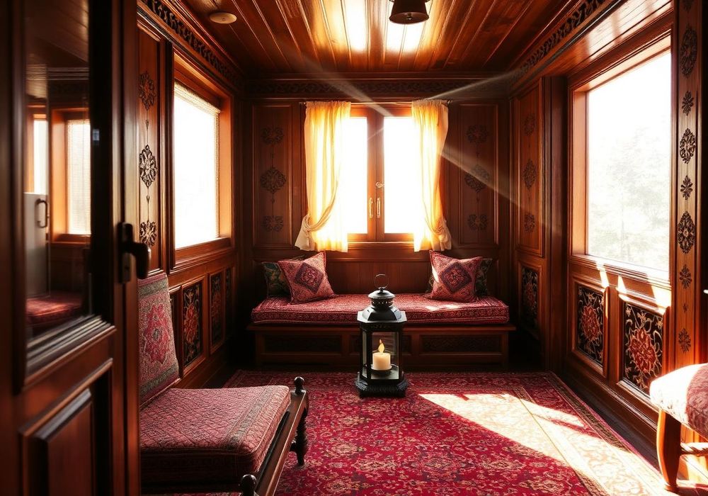 Intricately carved walnut interiors of a Kashmiri houseboat with traditional carpets and lantern light